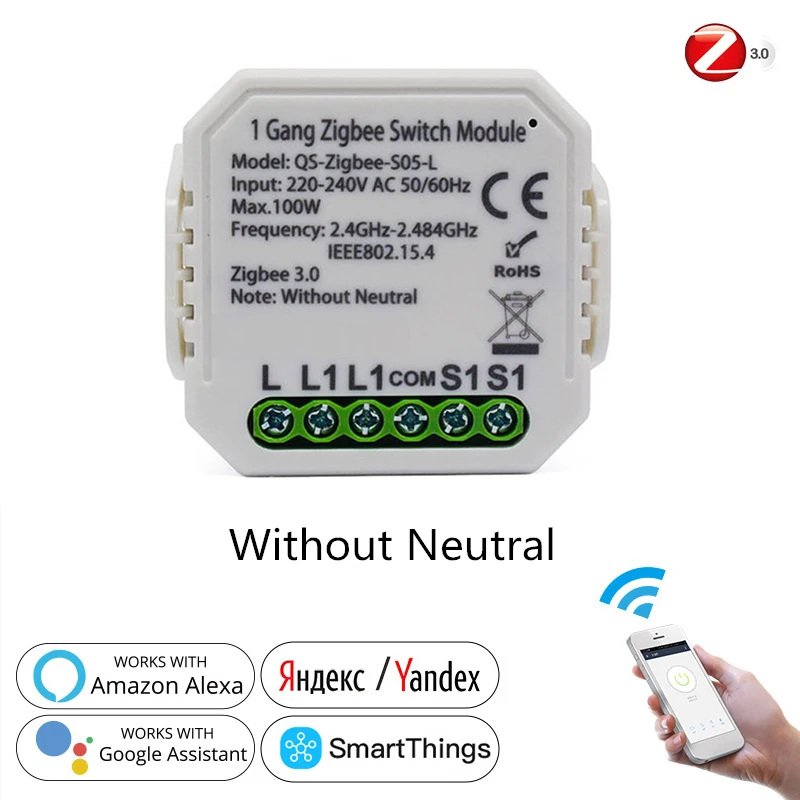 

Tuya ZigBee 3.0 Smart Light Switch Relay Module 220-240V Without Neutral Wire Single LIVE Line Work With Alexa Google Home