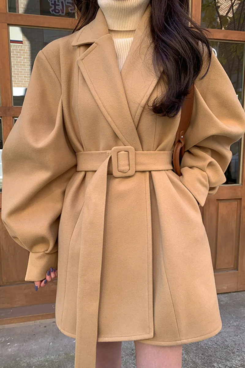 

Winter Brown/Black Thicken Blends Women Vintage Turn-Down Collar Lantern Long Sleeve Coat With Sashes Belt Female Outerwear 2020