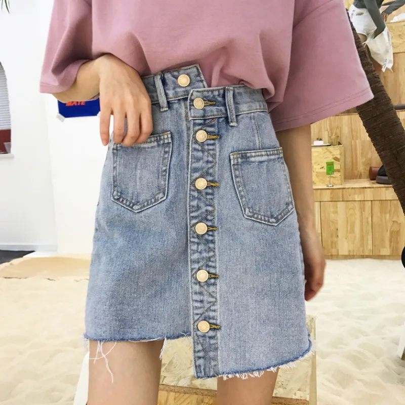 Однобортная Асимметричная джинсовая юбка с высокой талией женская летняя