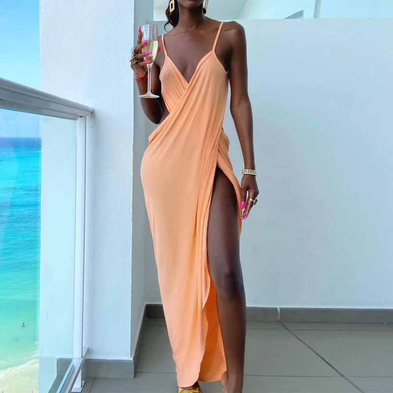 

Sexy Solid Color Spaghetti Strap Long Dress Women 2021 Fashion Sleeveless Backless Deep V Neck Split Party Club Bodycon Dress