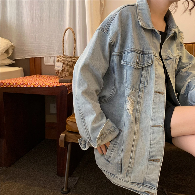 

BF Style Loose Casual Women Denim Jackets 2021 New Spring Autumn Fashion Trend Ripped Hoies Vintage Midi Long Female Jean Coat