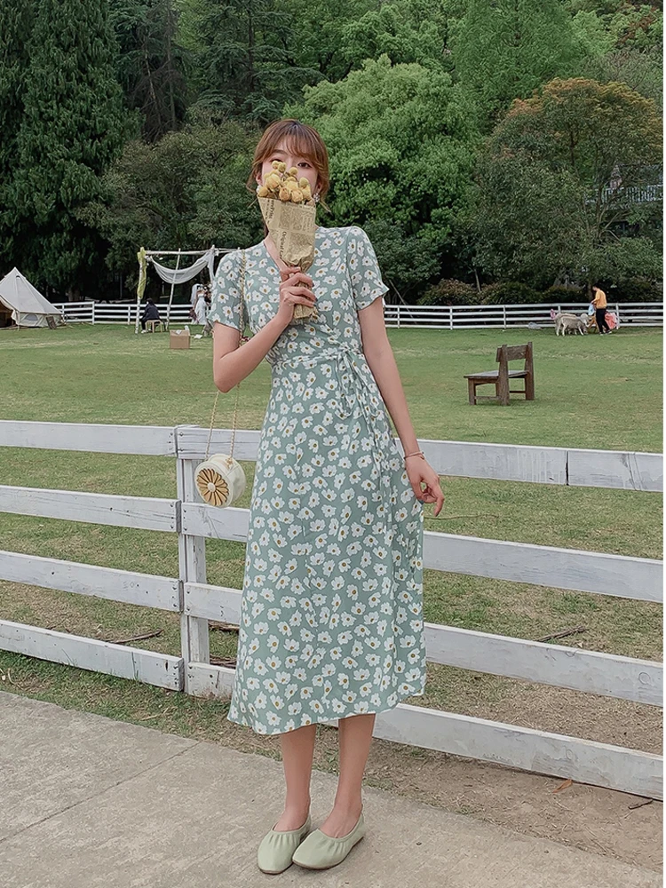 

Dresses for Women Summer 2020 New Women's Summer Short Sleeve Floral Dress Mid-Length French Style Retro Dress Fairy L Dresses