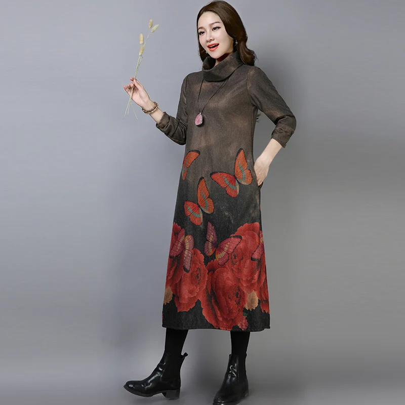 Осенне-зимнее винтажное шикарное свободное шерстяное платье большого размера с