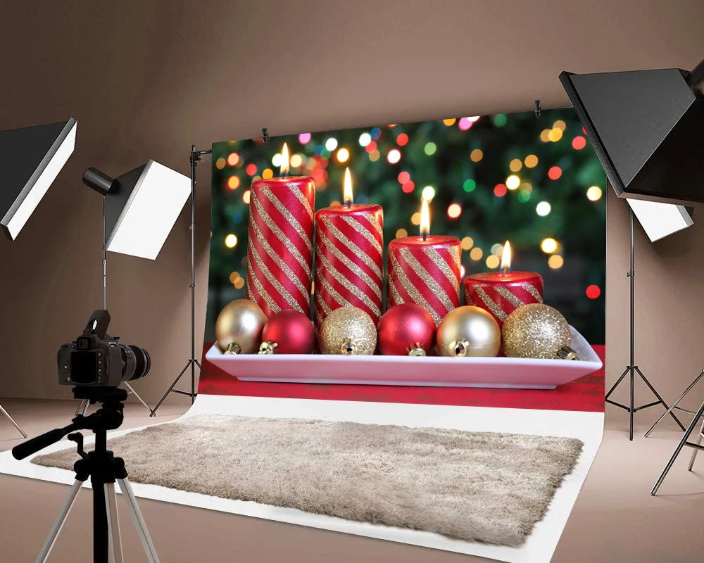 

Merry Christmas Backdrops Photo Photograph Decor Candles Jingling Bell Printed Thin Vinyl Lovely Party Background