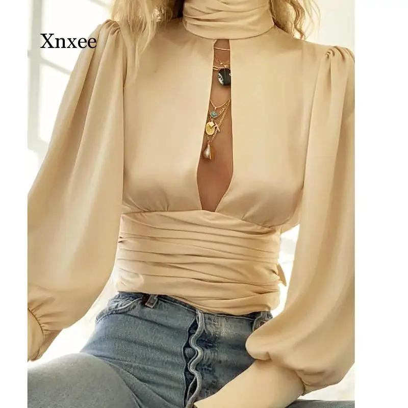 

Spring and Autumn Women's High Neck Satin Silk Ladies Shirt Sexy Hollow Open Back Shirt Shirt Elegant Autumn Long-Sleeved Pleate