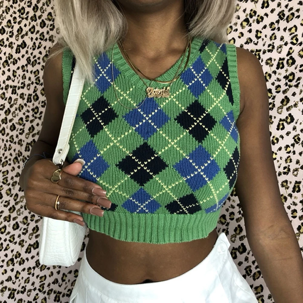 

Dark Icon Rhombus Cropped Vest Knitwear Color Block V-neck Plaid Women Vests Short Design