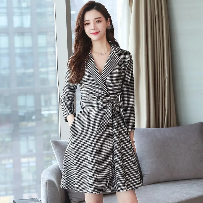 

Блейзер с длинным рукавом в британском стиле, новинка, модное двубортное женское элегантное облегающее платье в клетку с поясом для вечерин...