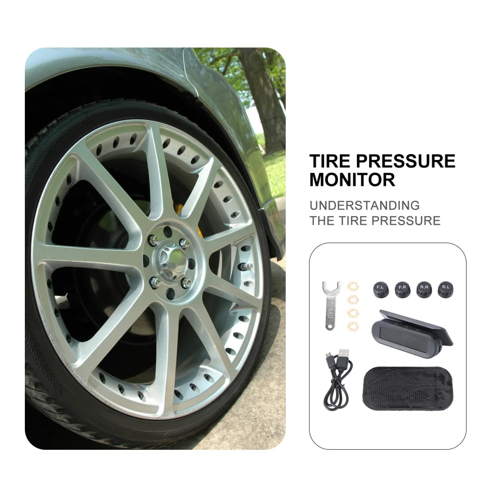 

Internal and External Universal Tire Detection Monitor Wireless Solar Tire Pressure Detector Black (with Battery)