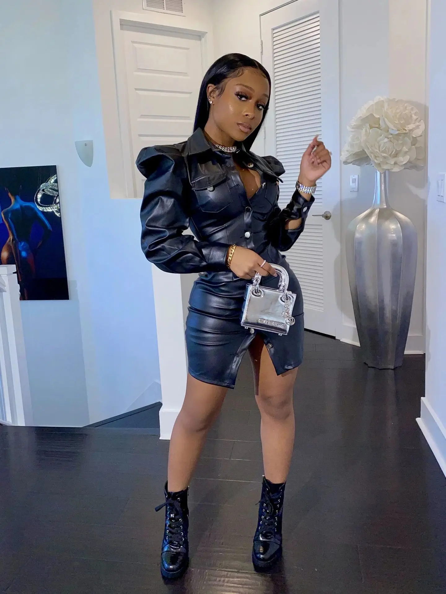 Новое поступление Felyn 2020 года платье известного бренда из искусственной кожи