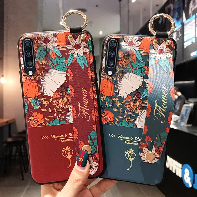Матовый чехол с 3D рельефным цветком для samsung Galaxy S10e S9 S8 S10 Plus Note 8 9, ремешок на руку, мягкий чехол, роскошный чехол с подставкой