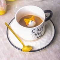 cute cat relief ceramics mug with tray coffee milk tea handle porcelain cup novelty gifts