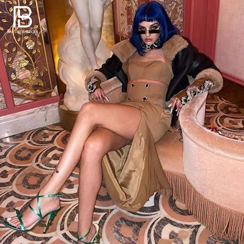 

PB Trendy Khaki Two Pieces Suit Button Design Celebrity Party Club Strapless Crop Tops Long Skirt Set Free Shipping