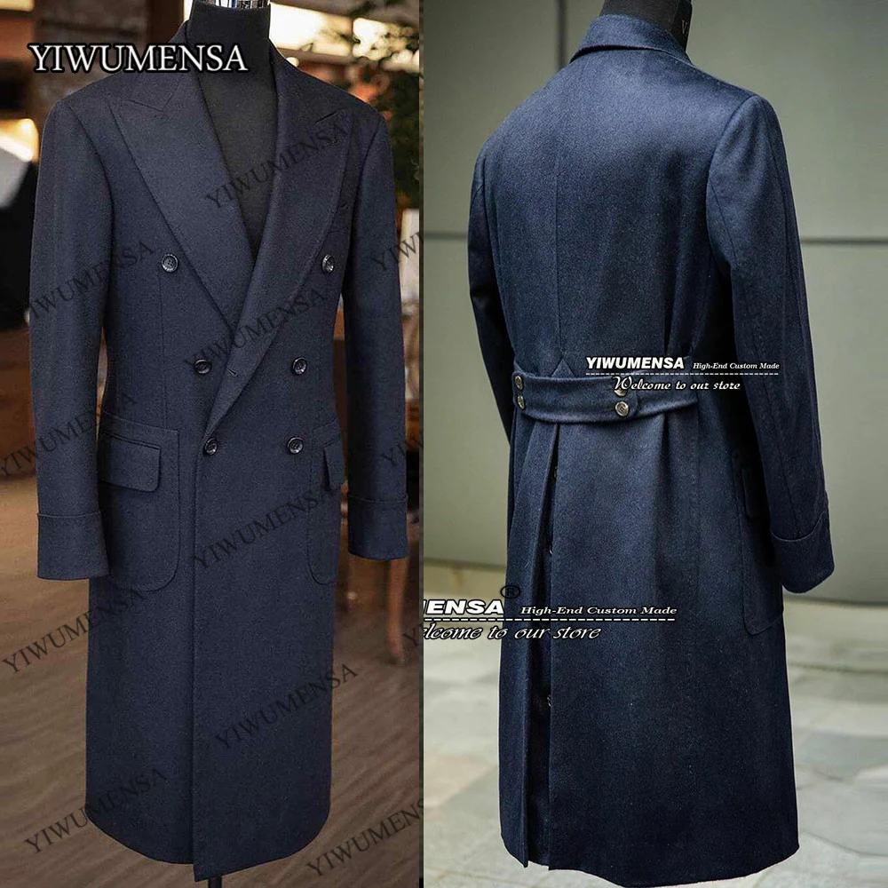 

Navy Winter Jacket Men Groom Blazer Double Breasted Overcoat Long Coat Tweed Wool Blend Abrigo Largo Hombre Trench Suits Tuxedo