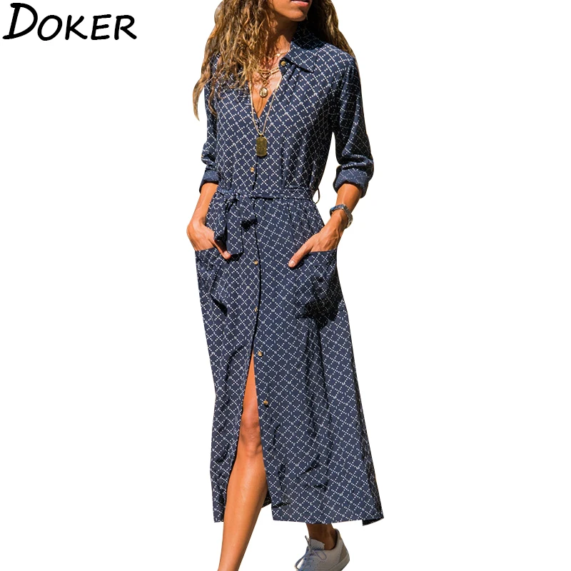 

Women Plaid Striped Chiffon Shirt Dress 2020 New Turn-down Collar Long Sleeve Sashes Dresses Female Pocket Boho Print Long Dress