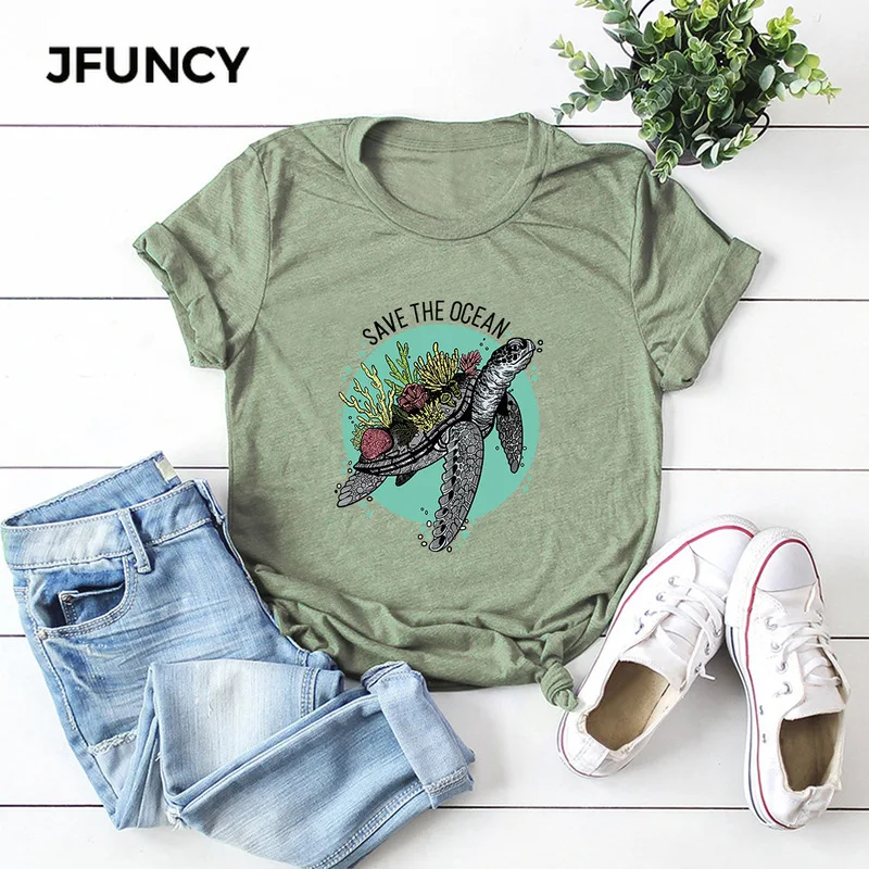 JFUNCY  Female Tshirt 100% Cotton T Shirt Women Tees Summer Loose Tops New Save The Ocean Letter Print Woman T-Shirt