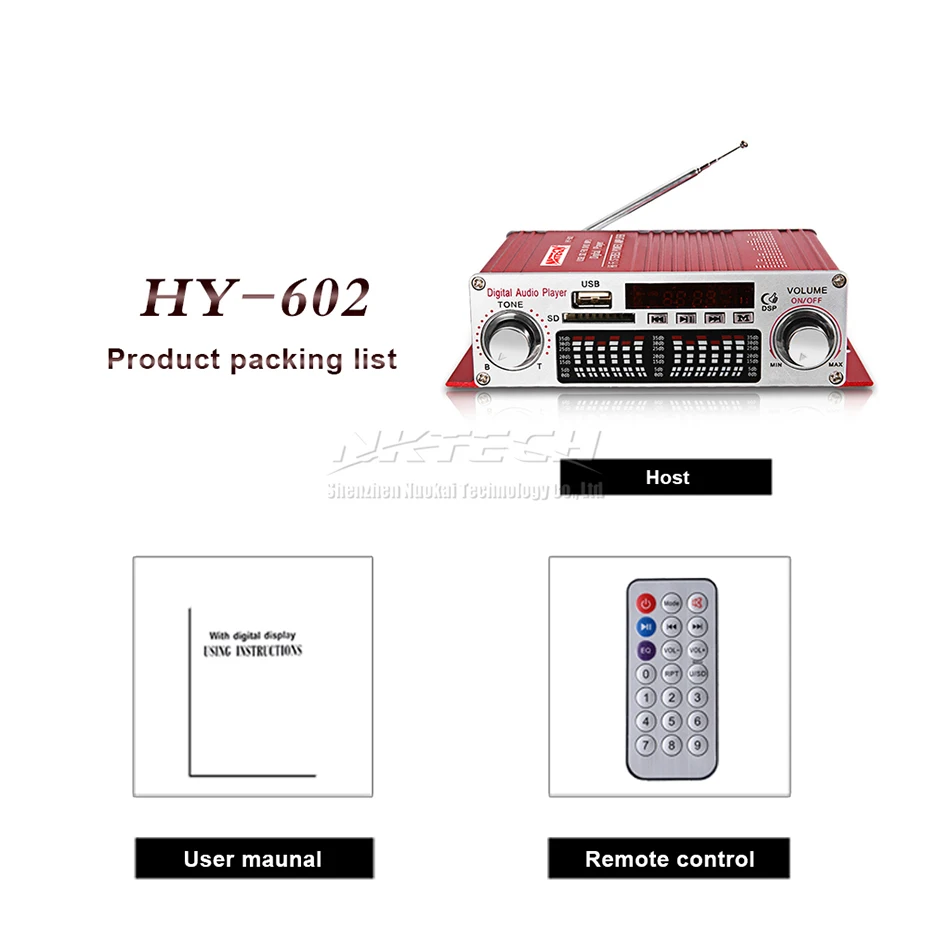 Red-Without-Adapter NKTECH HY-602 Автомобильный цифровой плеер аудио усилитель мощности 2CH 20 Вт RMS DSP Hi-Fi стерео TF USB FM DVD MP3 ИК пульт дистанционного управления громкостью звука для дома - Цвет: Red-Without-Adapter