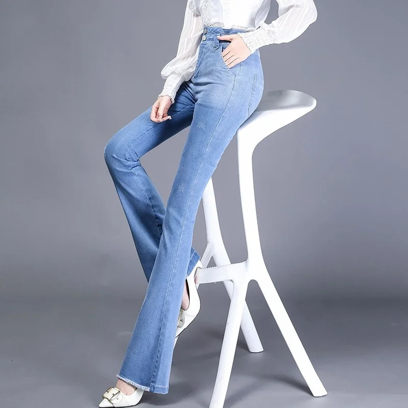 Women Spring Casual High Waisted Jeans Vintage Embroidery Skinny Flared Denim Pants Elegant Distressed Push Up Female Trousers