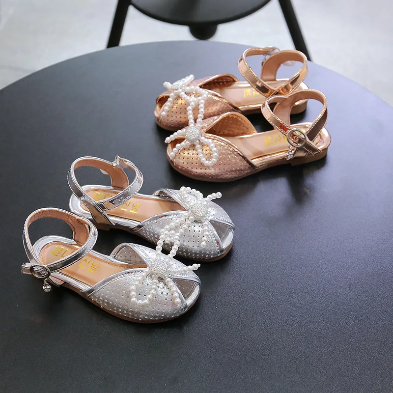

2021 Children'S Beach Sandals For Girl Dress Elegant Summer New Princess Fashion Fish Mouth Beading Bow Flat Shoes For Kids 3-12