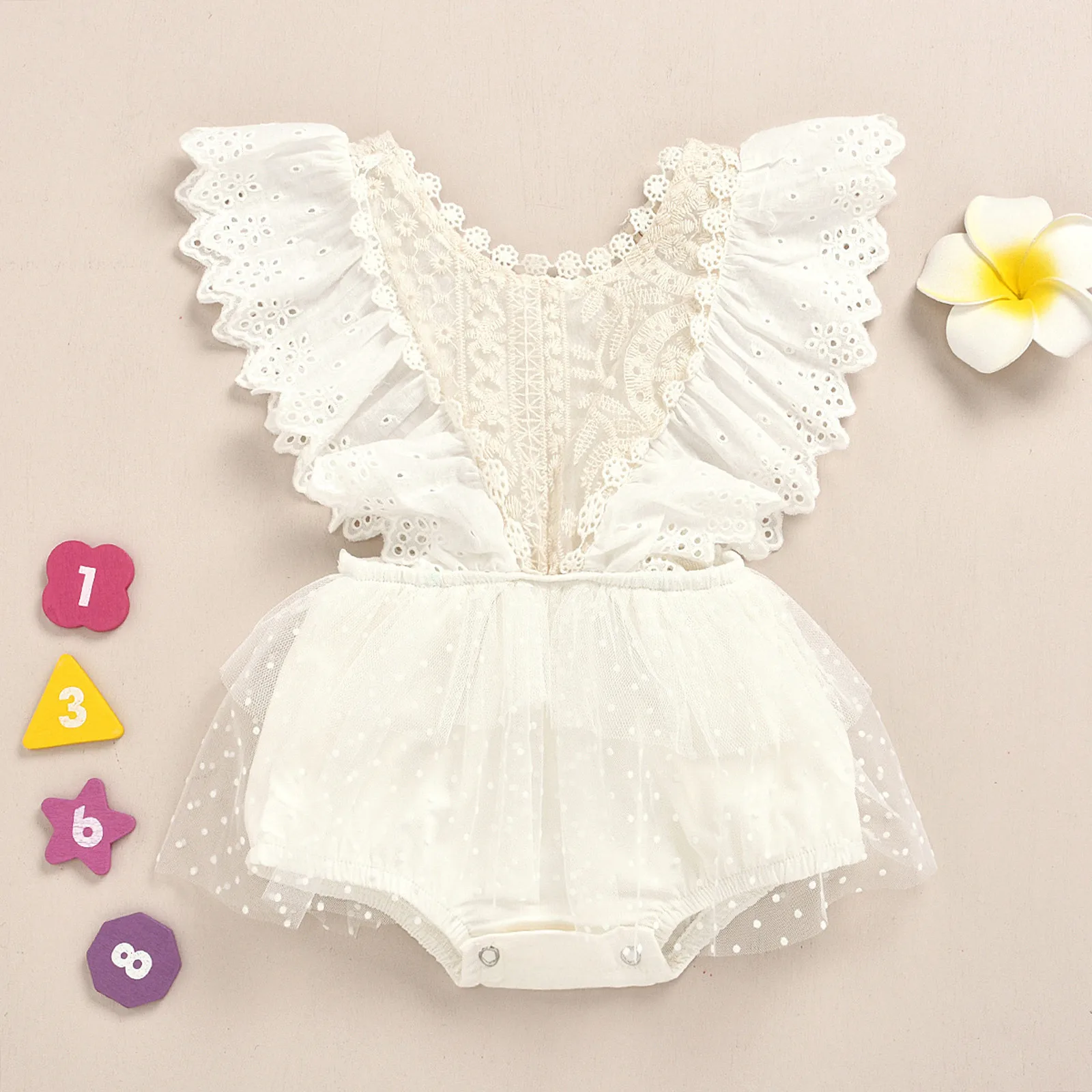 Newborn Infant Baby Girls Lace Embroidery Sleeveless White Romper Onesie Climbing Suit Dress image 2