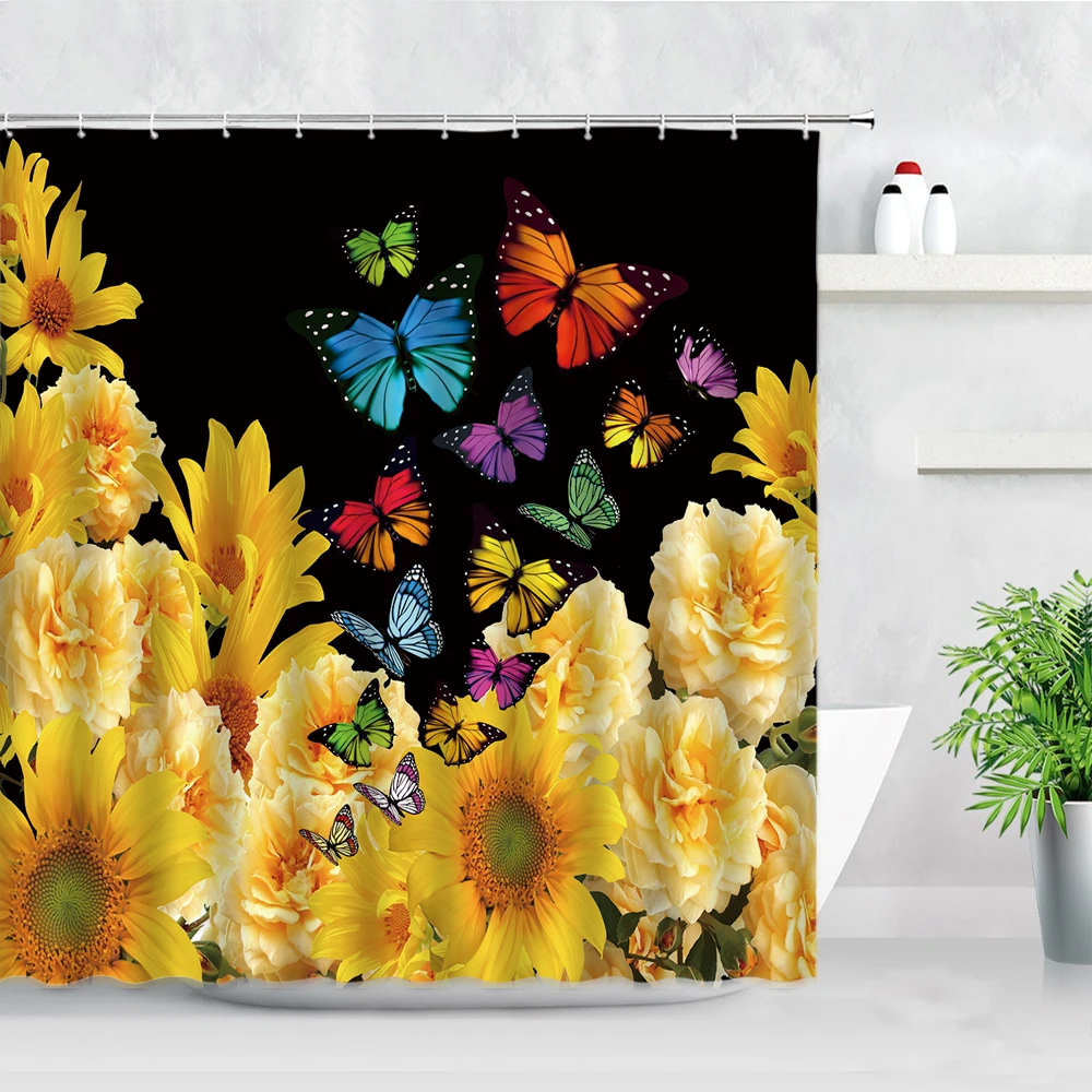 

Colorful Floral Shower Curtains Sunflower Tulip Butterfly Yellow Flowers Natural Scenery Home Decor Waterproof Bathroom Curtain