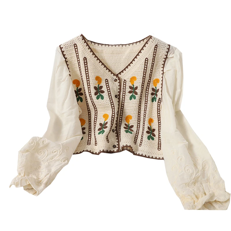 

Autumn Embrodiered Blouse Women Casual Long Sleeve V-Neck Sweet Hollow Out Single Breasted Short Tops Female Fall Fashion Shirts