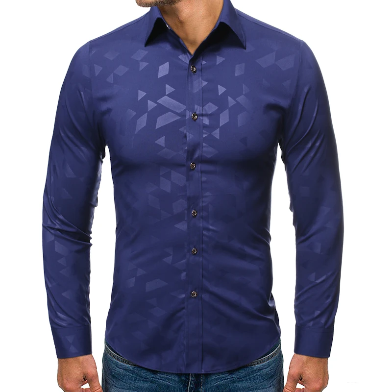 

Black Geometric Printed Shirt Men 2021 Brand Slim Fit Long Sleeve Dress Shirt Mens Formal Business Casual Shirts Camisa Hombre