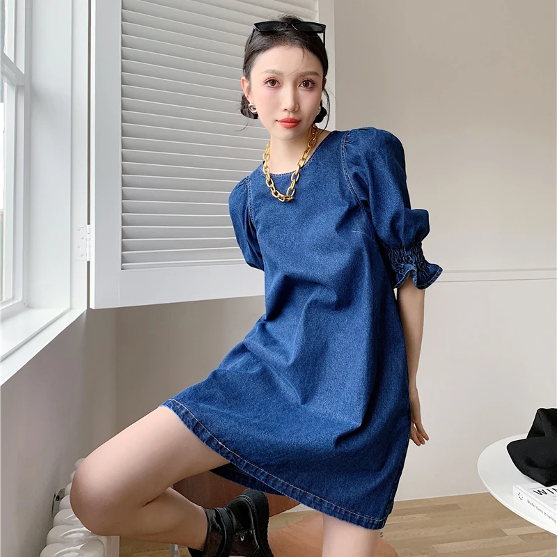 

GALCAUR Vintage Solid Dresses For Women 2021 Round Collar Butterfly Sleeve Loose Knee Length Denim Dress Female Clothing Summer