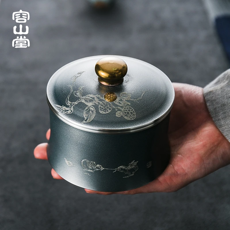 

CX Pure Tin Handmade Tea Pot Embedded Copper Tin Can Medium Metal Sealed Jar Household Moisture-Proof Tea Set