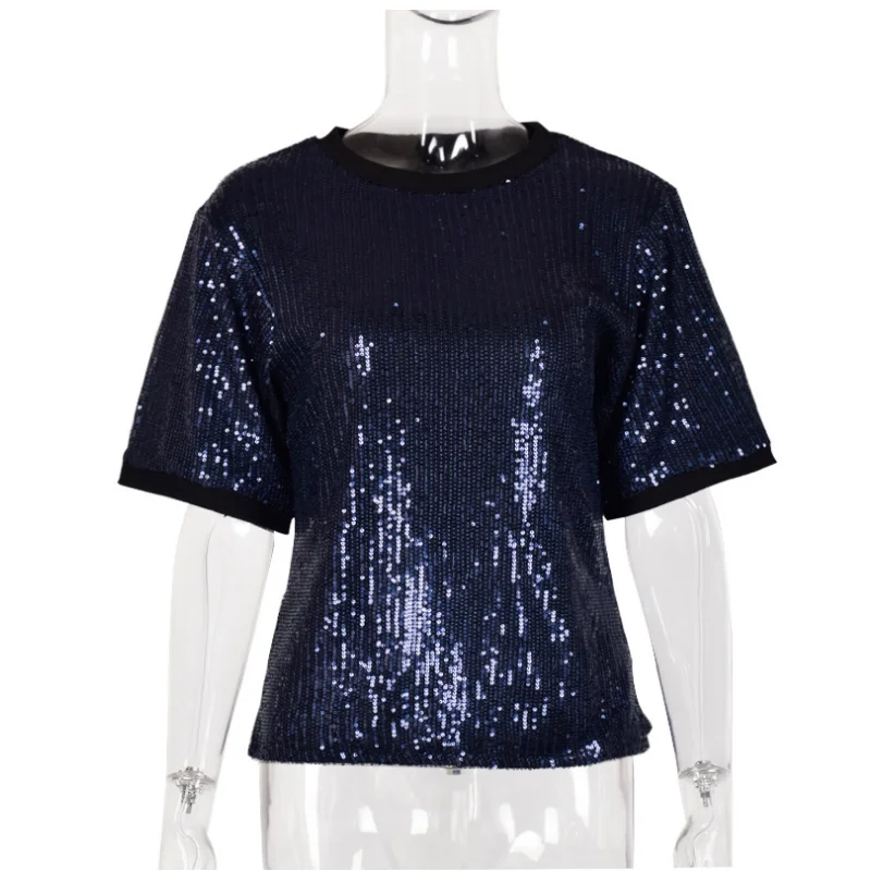 

2021 new summer stitching short-sleeved sequined T-shirt women's fashion round neck female temperament simple loose pullover top