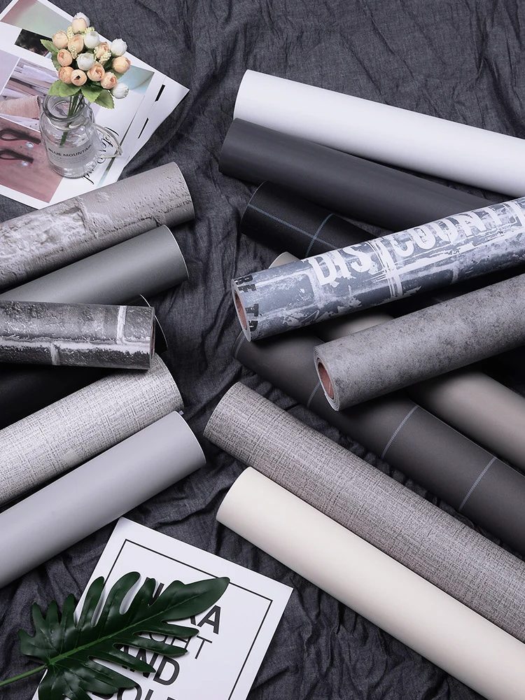 

New Cement Gray linen pattern waterproof wallpaper self-adhesive solid color dormitory bedroom wall stickers cabinets furniture