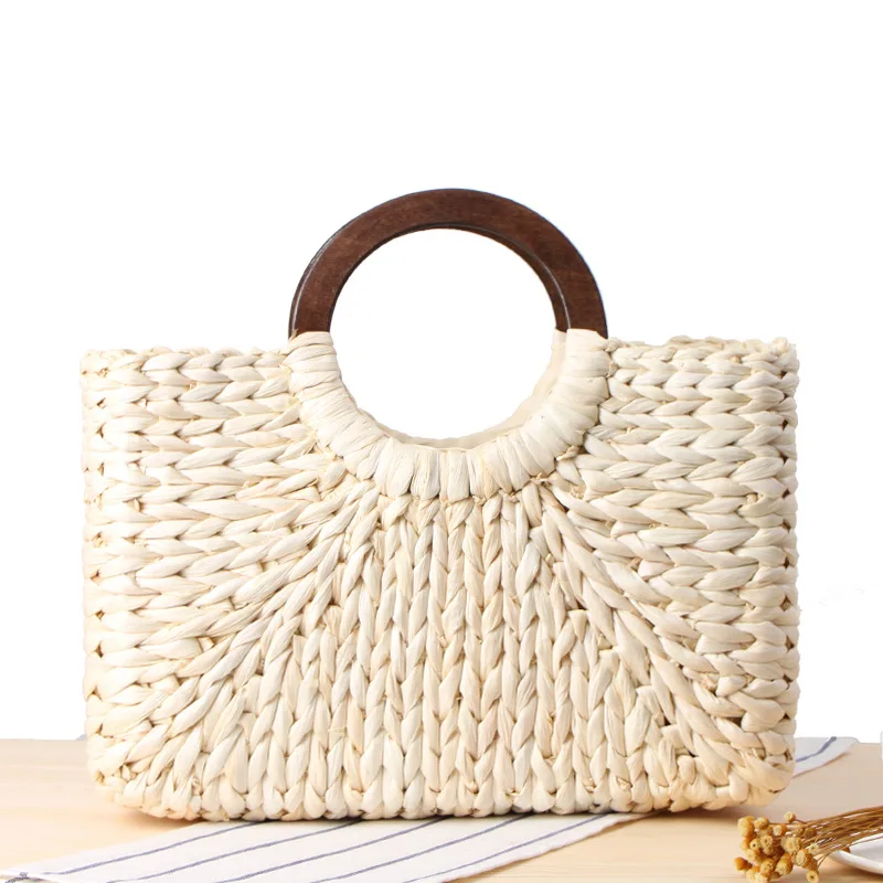 

2020 New Women Fashion Straw Handbag Shoulder Bag Shopping Beach Travel Crossbody Bag Wood Handle Casual Large Capacity Tote Bag