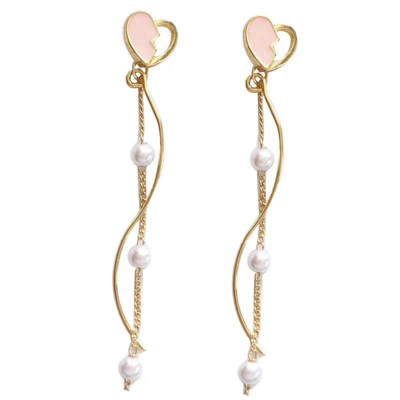 

S925 Needle Korean temperament sweet love earrings single chain twist bar white pearls dangle earrings women jewelry