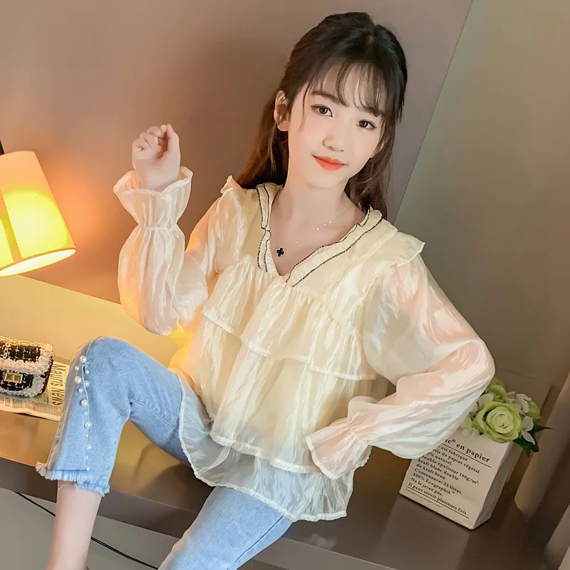 

Chiffon shirt girls spring and autumn 2021 new loose flared sleeve fashion shirt super fairy two-piece suit