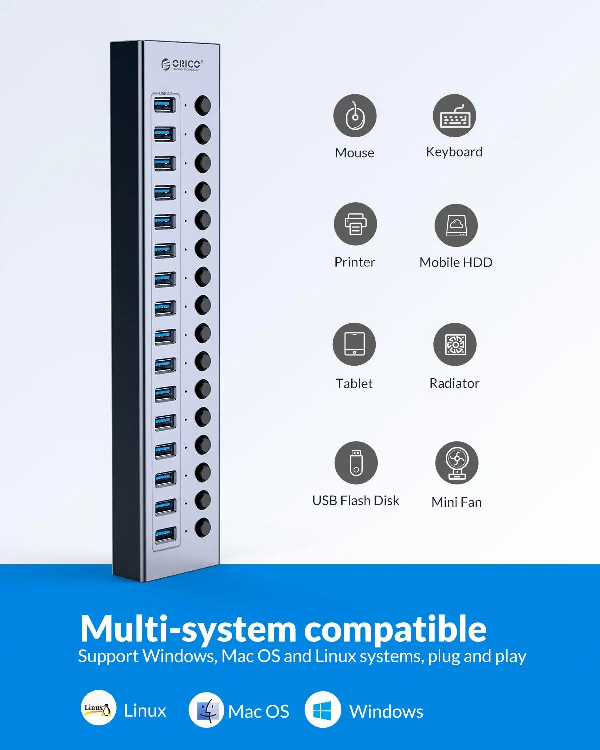 Концентратор ORICO Power ed USB 3 0 с 7/10/13/16 портами удлинитель переключателями вкл/выкл