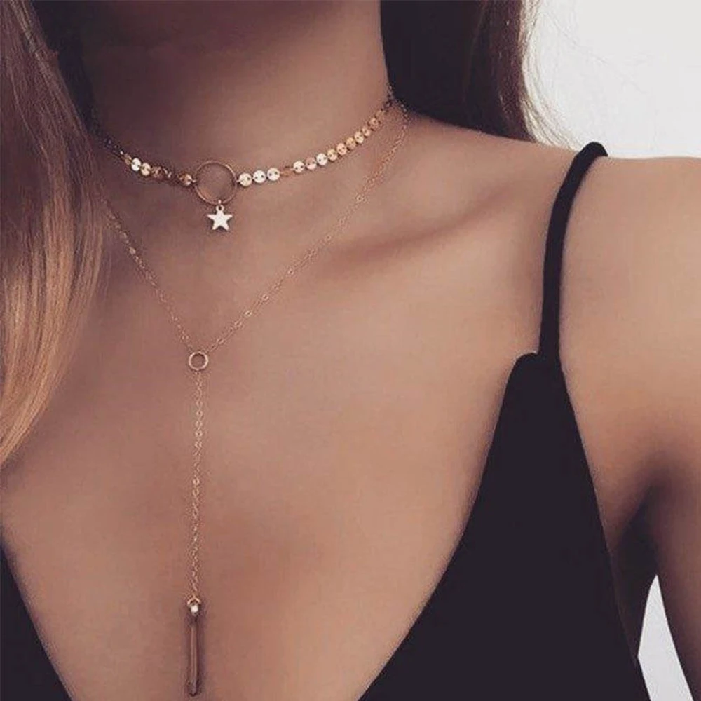 

Multilayer Necklace For Women Silver Color Chain Choker Star Long Charm Pendant Necklace Collar Jewelry Gift Bijoux Femme Boho