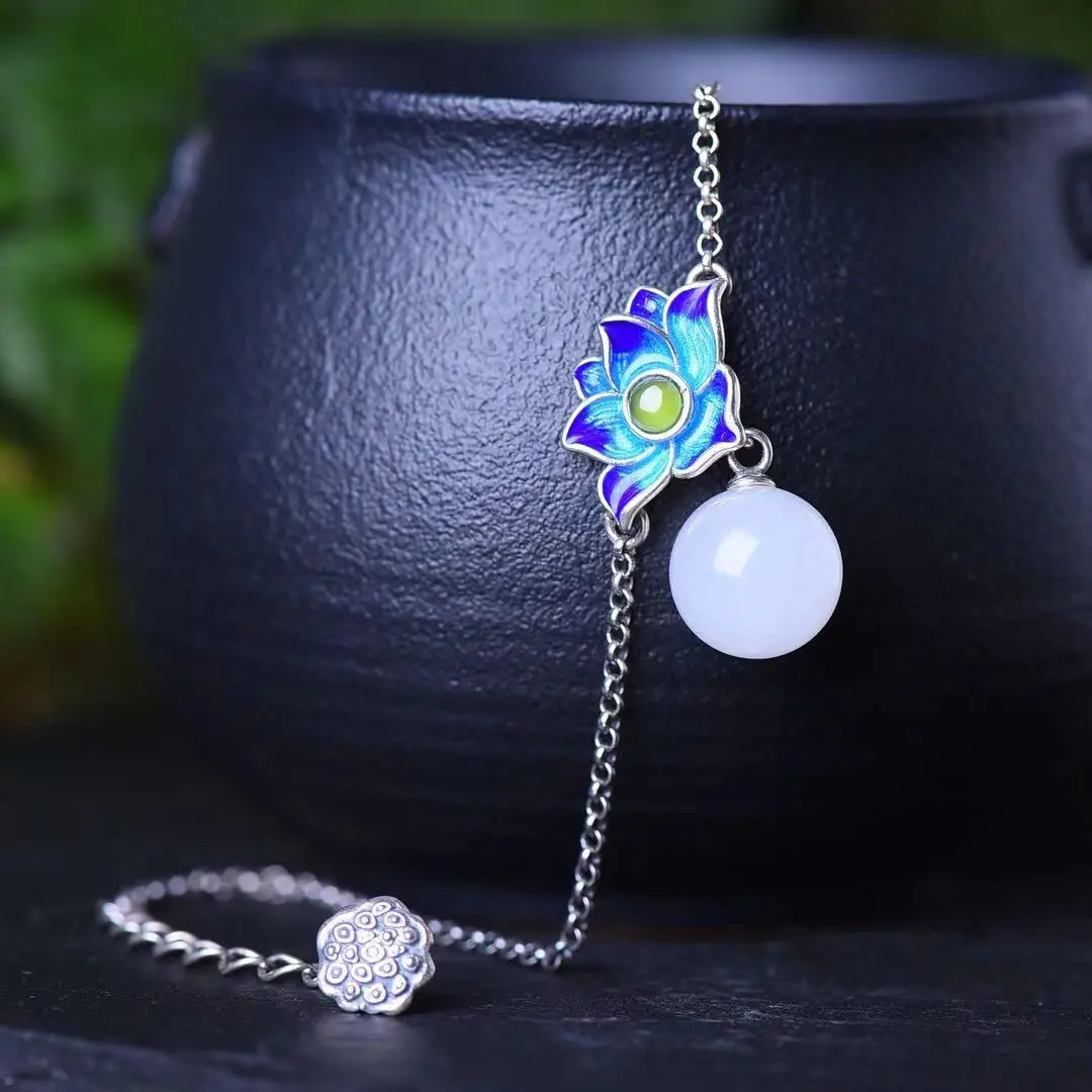 

Natural 925 Silver Inlaid Hetian White Jade Bracelet