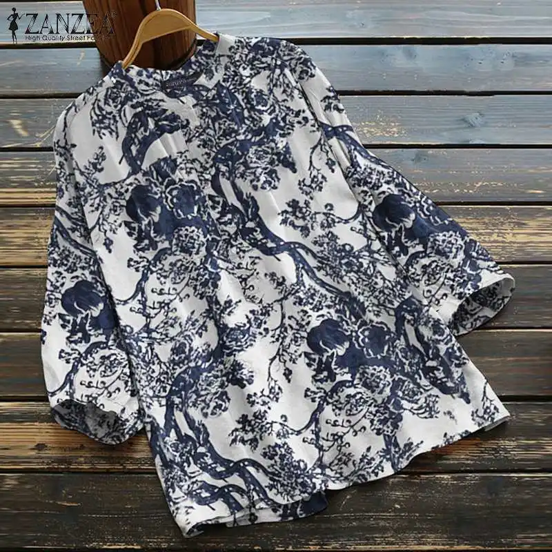 

Женская винтажная блузка с принтом, рубашка ZANZEA 2022, весна-лето, топ с рукавом 3/4, повседневная женская хлопковая льняная блузка оверсайз