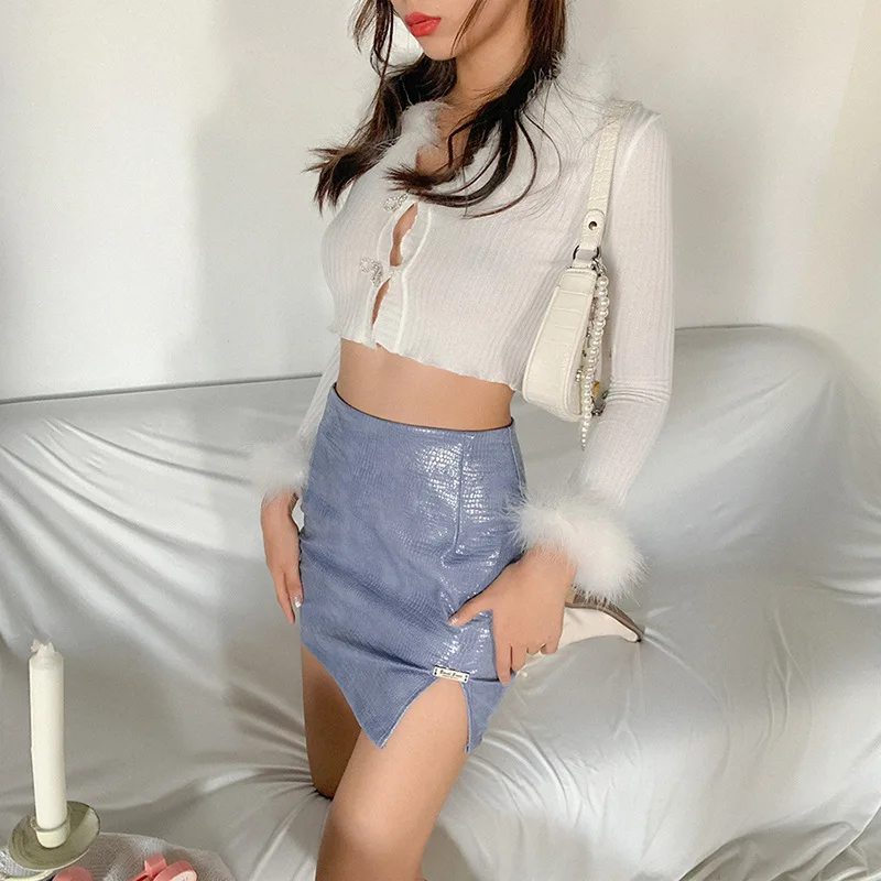 Осенне-зимняя облегающая юбка из искусственной кожи с высокой талией и разрезом