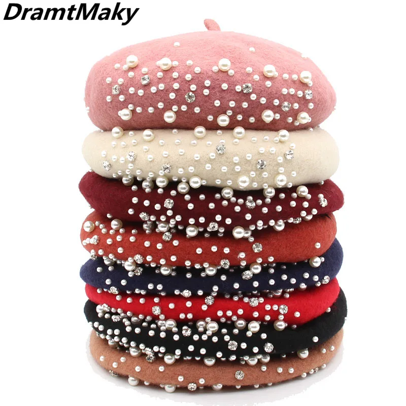 Берет с жемчугом Женский кашемировый берет в ретро стиле плоская винтажная шапка