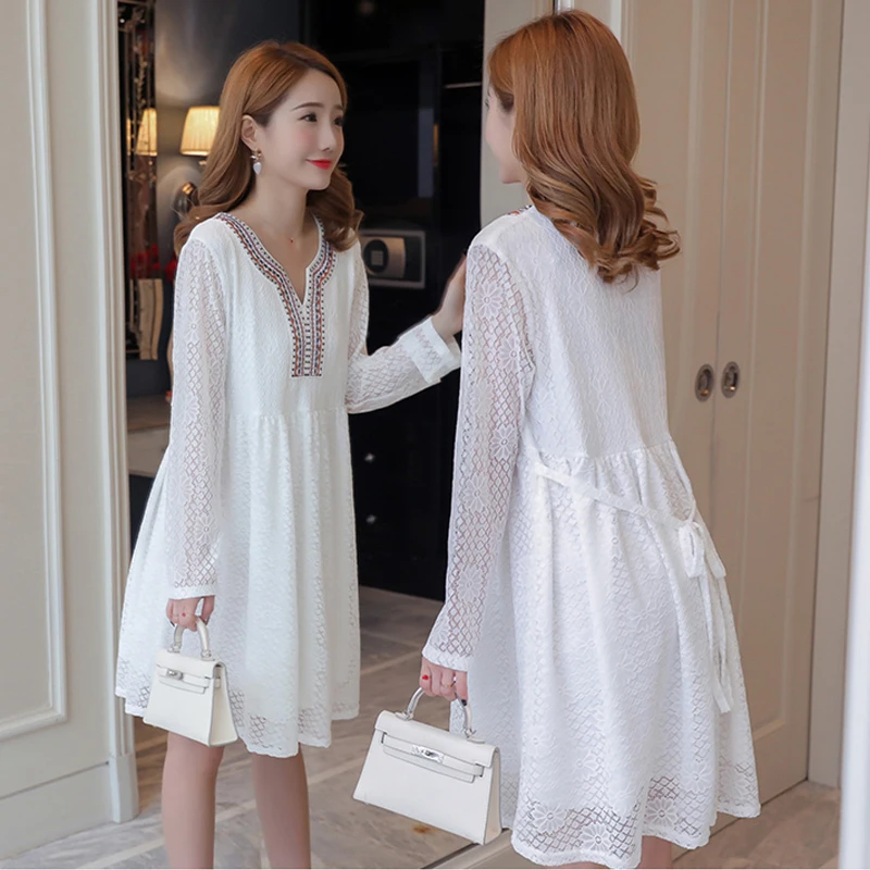 Беременность одежда белое кружевное длинное платье Одежда для беременных платья