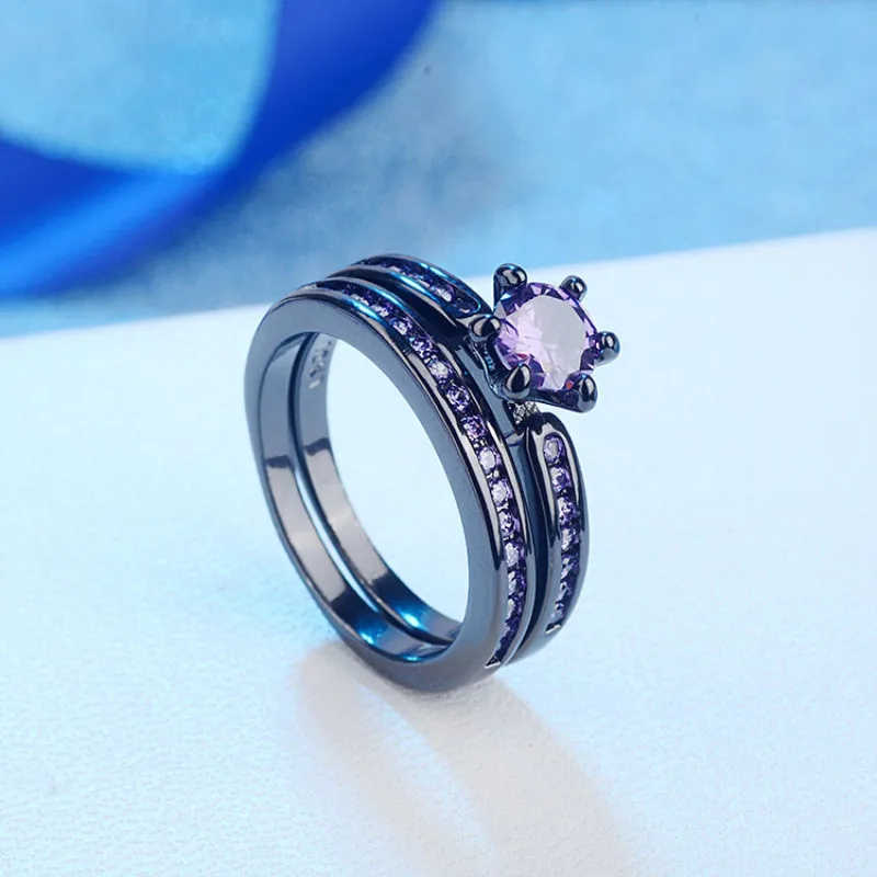 Женское фиолетовое кольцо с кристаллами Дизайнерское черное 2 шт./компл. в 1 все