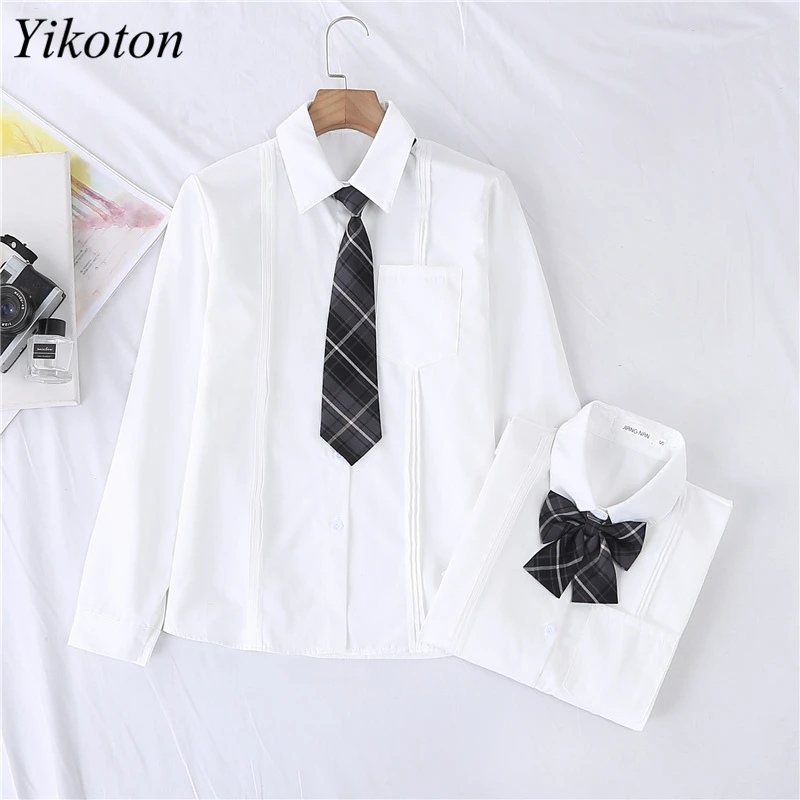 

Bow Tie White Shirt Women Blouses And Shirts Long Sleeve Casual Basic Pleated Shirt Spring/Autumn JK Uniform Blouse Female Tops