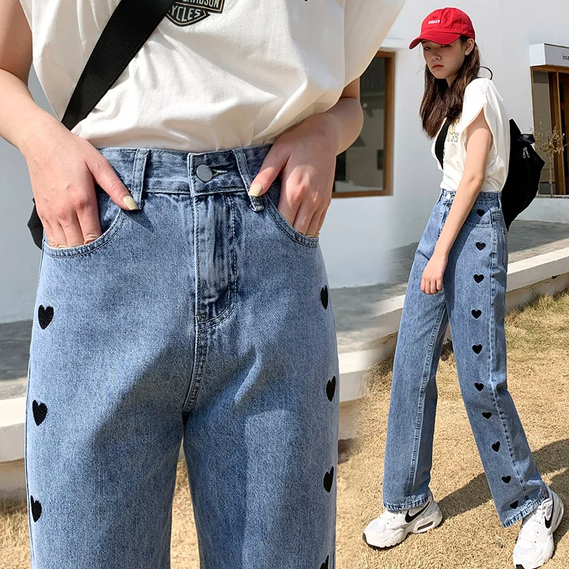 

TongSiHai Jeans Women Ladies High Waist Heart Embroidery Wide Leg Denim Pants Vintage Casual Baggy Straight Streetwear Trousers