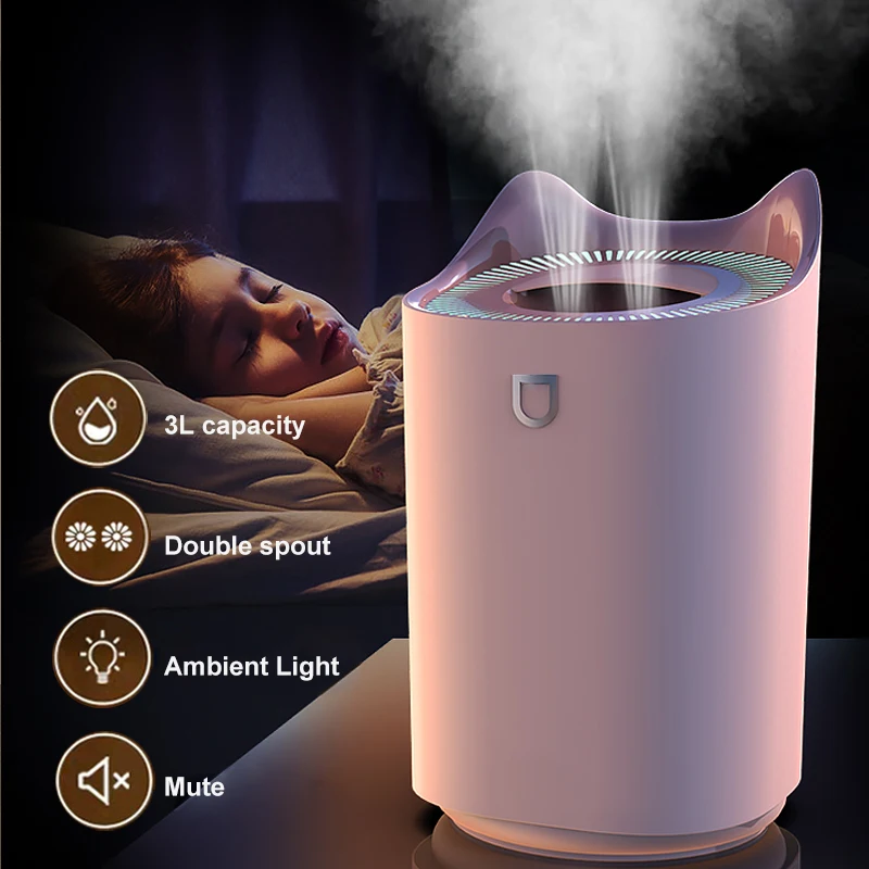 

USB Air Humidifier 3L Double Nozzle Humidifier Aroma Diffuser With Colored LED Light Heavy Fog Ultrasonic Diffuser Essential Oil