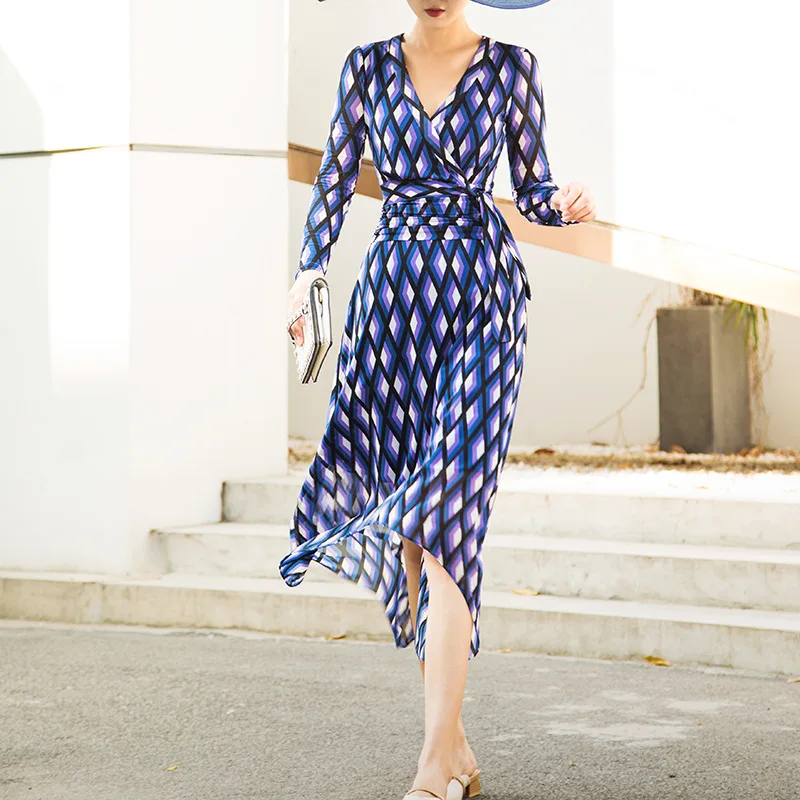 

Spring /summer 2020 New Wrap Women Long Sleeve Dress Purple Diamond Plaid Slim Elegant Dress V-neck Woman Dress Lace High Waist