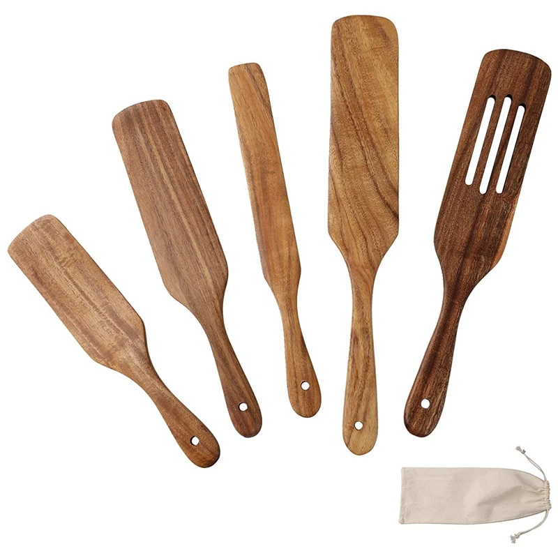 

Teak Wood Spurtle 5-Piece Set, Cooking Utensil Set Heat Resistant Non Stick Wood Cookware, Slotted Spurtle Spatula Sets