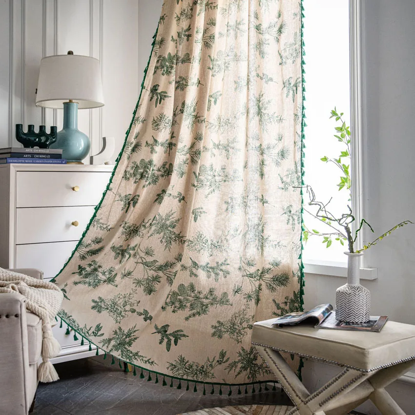 

Curtain Cotton Linen Green Pine Cone Printing Curtains with Tassels Semi-Shading Kitchen Bay Window Home Decoration Living Room