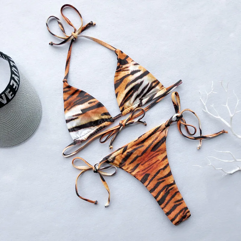 Бикини с принтом тигра и животных 2020 Женский бандажный купальник пуш ап мягкими