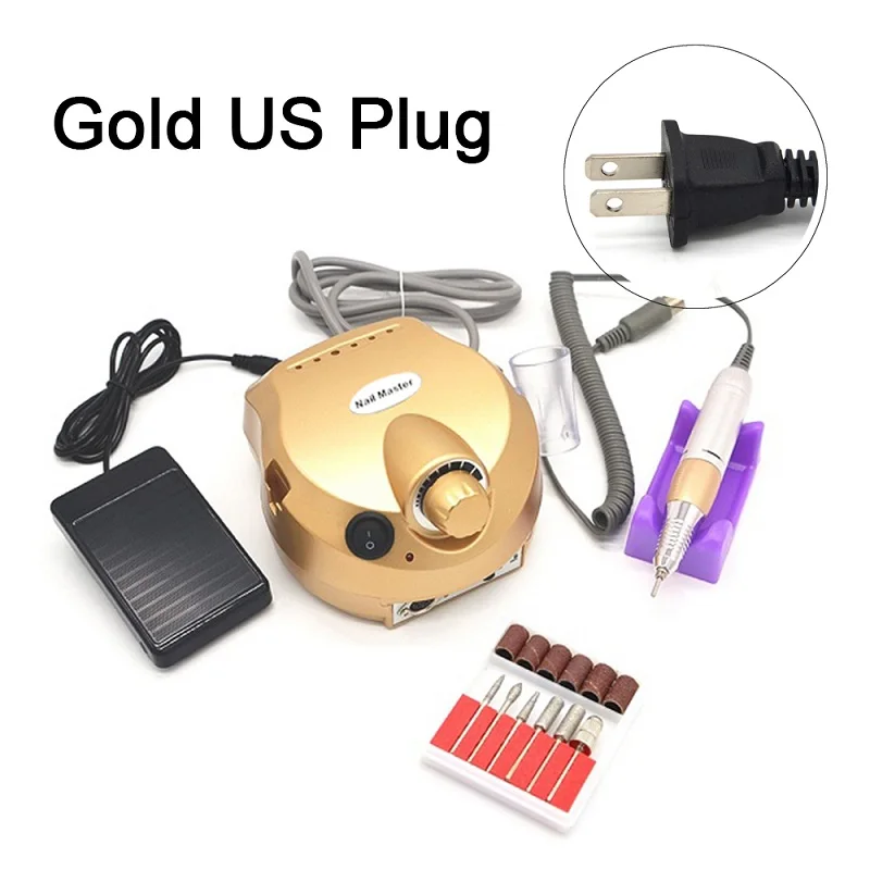 Gold US 110V 110/220V 35000 об/мин Pro Электрический Фрезер для ногтей, фрезер инструмент бит, маникюр, машинка для маникюра, Kit Pro салон дома ногтей комплект инструментов для маникюра красный Фрезер для ногтей, сверлильный - Цвет: Gold US 110V