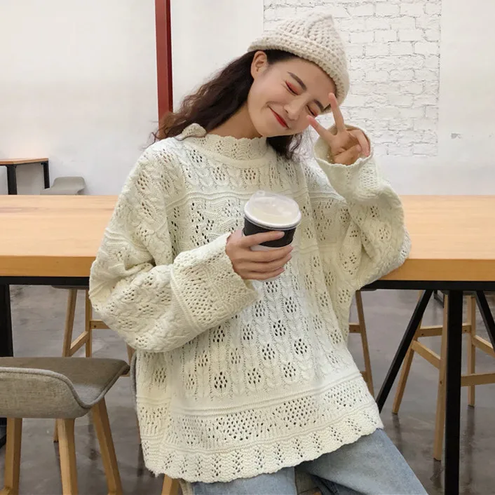 Vintage Openwork Long Sleeve Sweater Female Korean Harajuku Women's Sweaters Japanese Kawaii Ulzzang Japan Clothing For Women | Женская